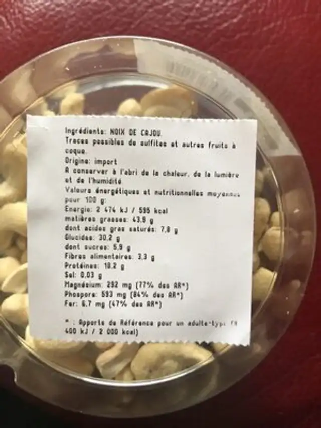 Noix de cajou crues ingredients label