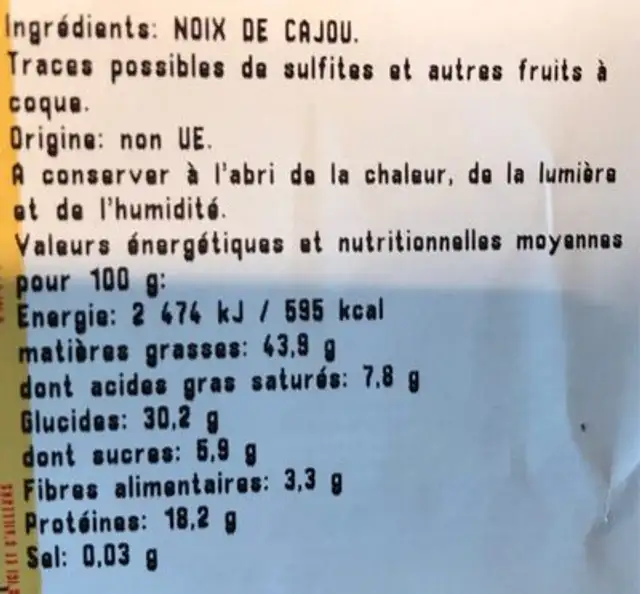 Noix de cajou crues ingredients label