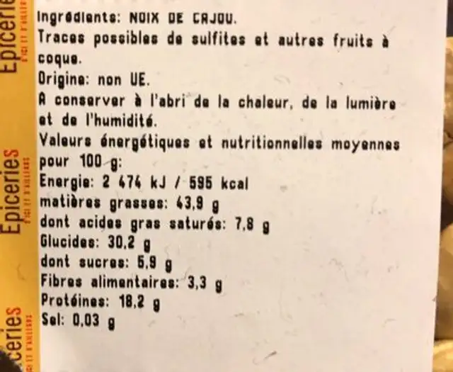 NOIX DE CAJOU CRUES ingredients label