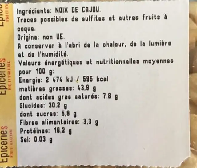 Noix de cajou crues ingredients label