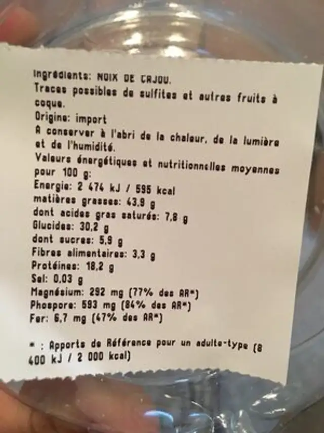 Noix de cajou crues ingredients label