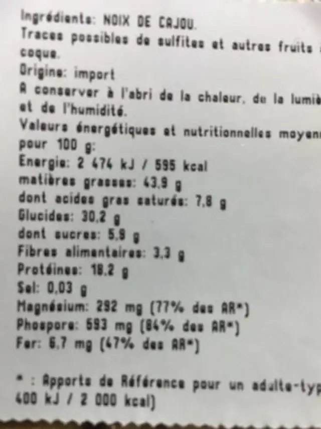 Noix de cajou ingredients label