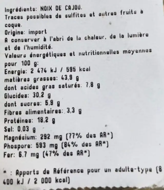 Noix de cajou crues ingredients label