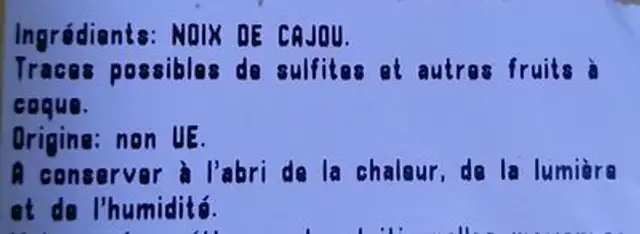 Noix de cajou crues ingredients label