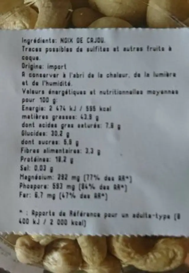 Noix de cajou crues ingredients label