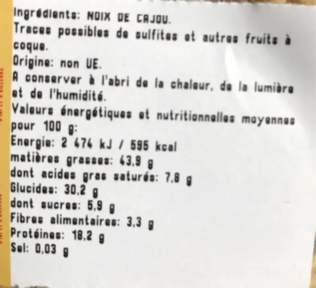 Noix de cajou ingredients label