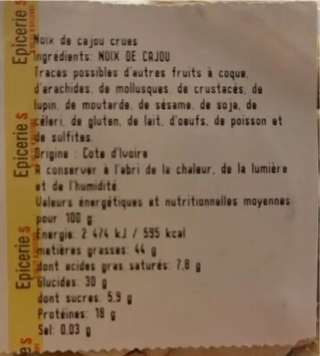 Noix de cajou nutrition facts table