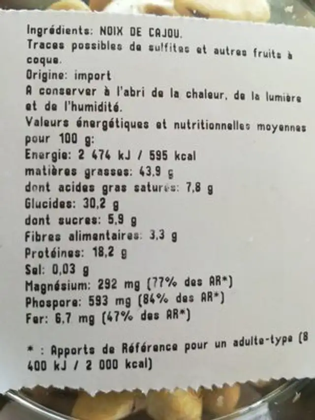 Noix de cajou ingredients label