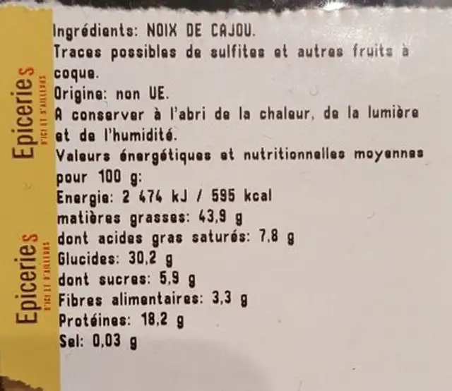 Noix de cajou ingredients label