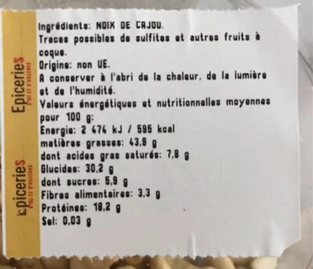 Noix de cajou crues nutrition facts table