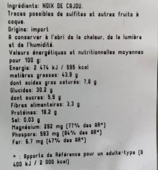 Noix de cajou crues ingredients label