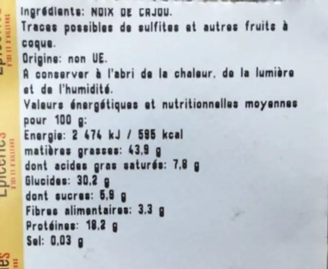Noix de Cajou Crues nutrition facts table