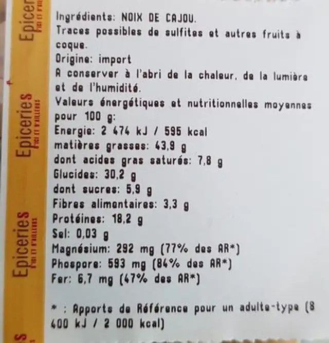Noix de cajou crues ingredients label