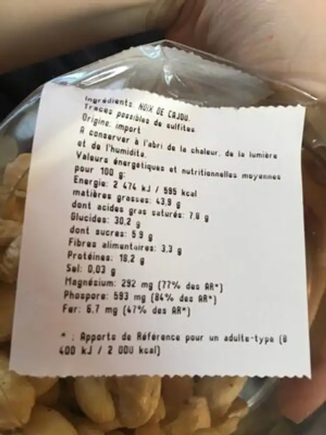 noix de cajou crues ingredients label