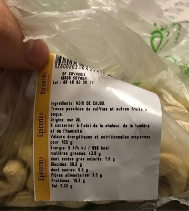 Noix de cajou ingredients label