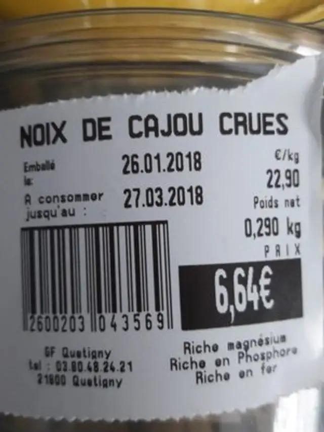 Noix de cajou crues ingredients label