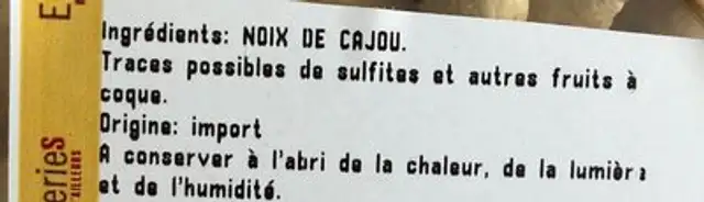 Noix de cajou crues ingredients label