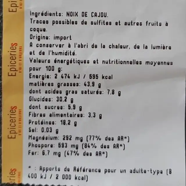 Noix de cajou crues ingredients label
