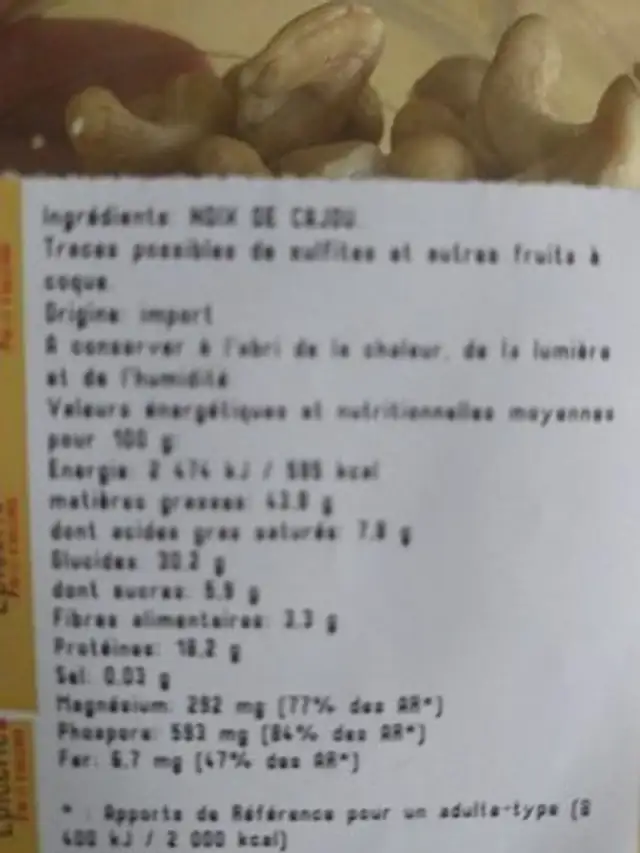 noix de cajoue crue ingredients label