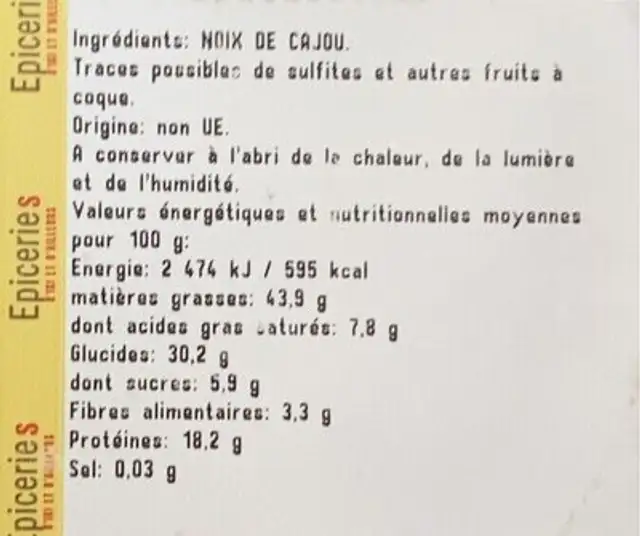 noix de cajoue crue nutrition facts table