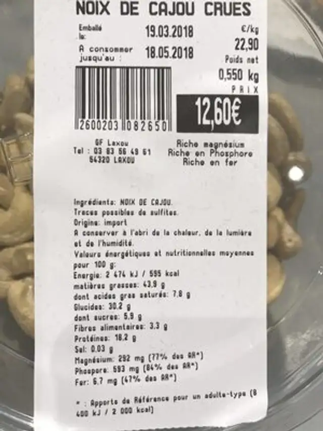 Noix de cajou ingredients label