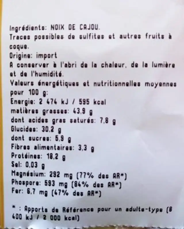 Noix de cajou crues ingredients label