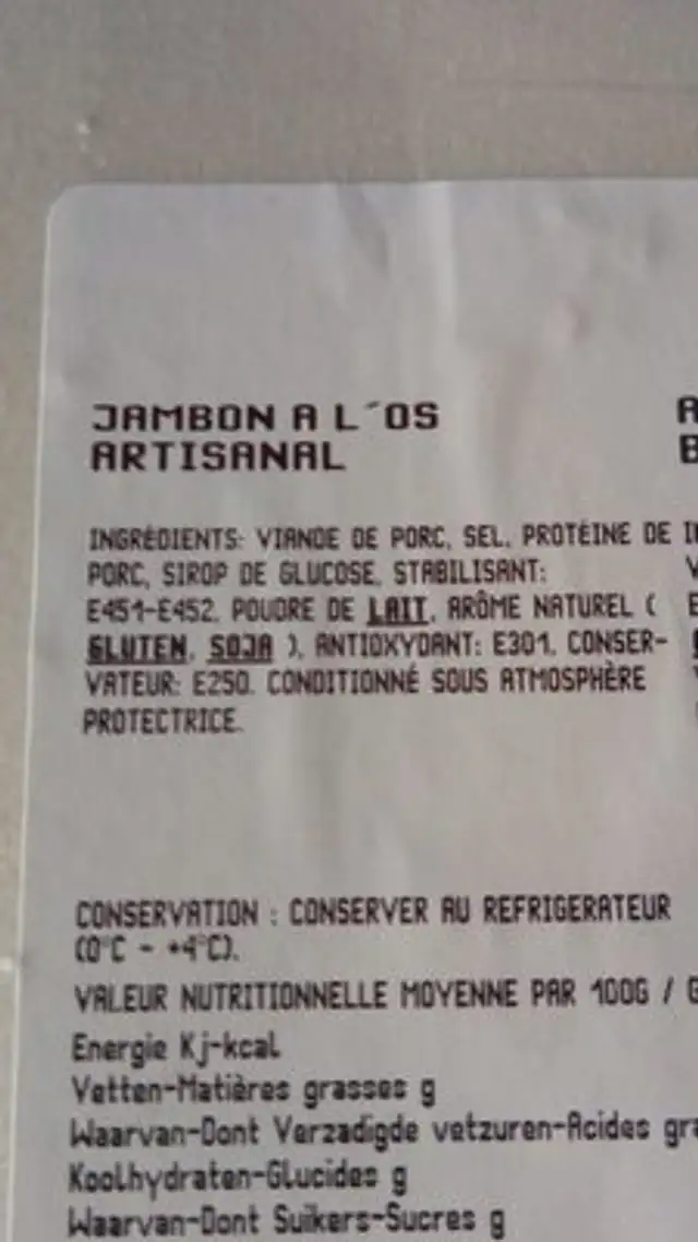 Jambon a l'os ingredients label