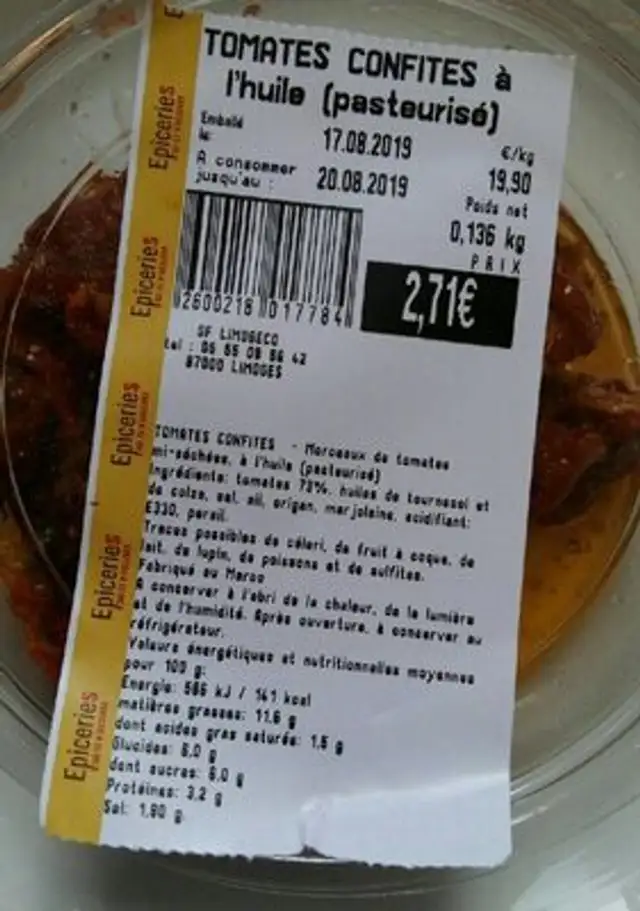 Tomates confites nutrition facts table