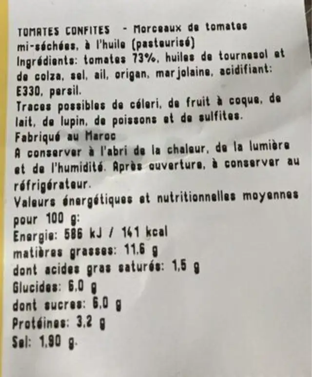 Tomates confites ingredients label