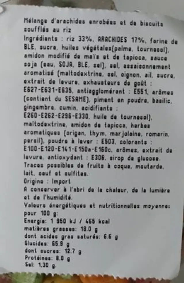 Melange Sambahia ingredients label