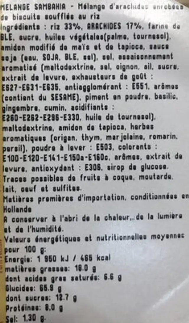 Melange Sambahia ingredients label
