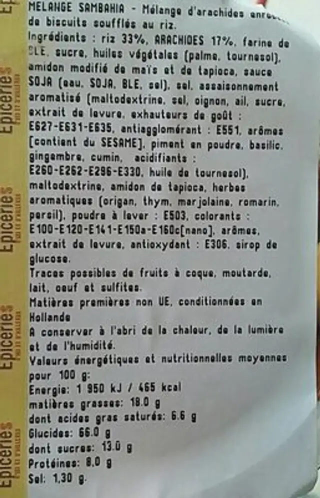 Melange Sambahia nutrition facts table