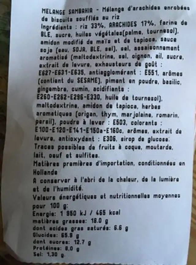 Melange sambahia ingredients label