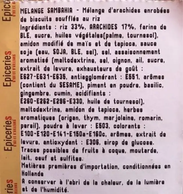 Melange sambahia ingredients label