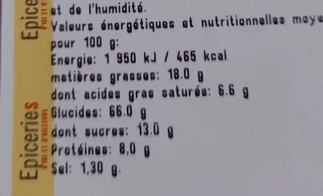 Mélange Sambahia nutrition facts table