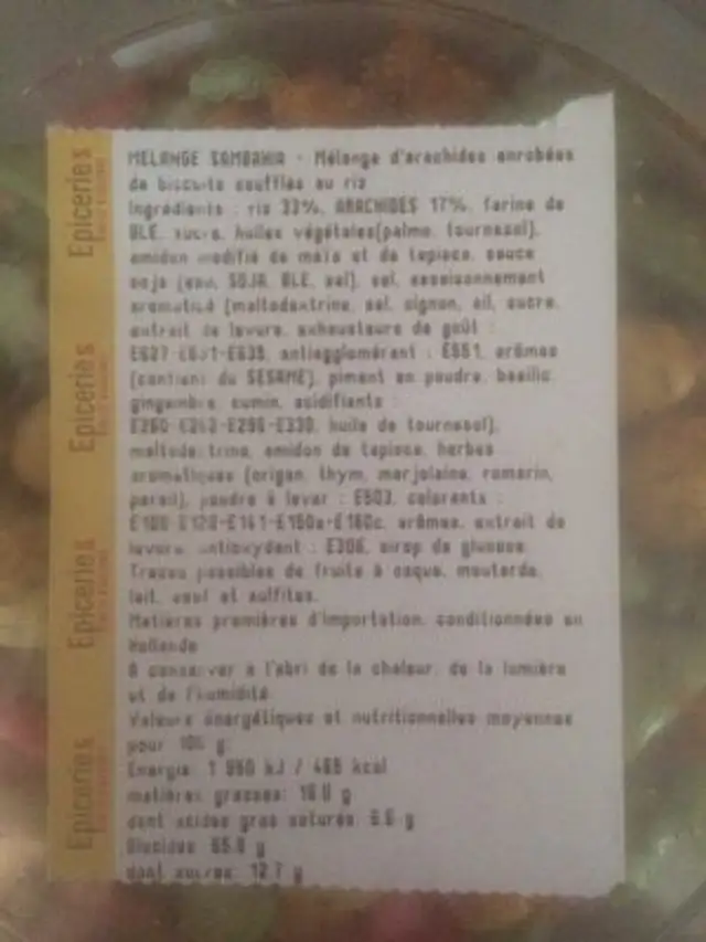 Mélange Sambahia nutrition facts table