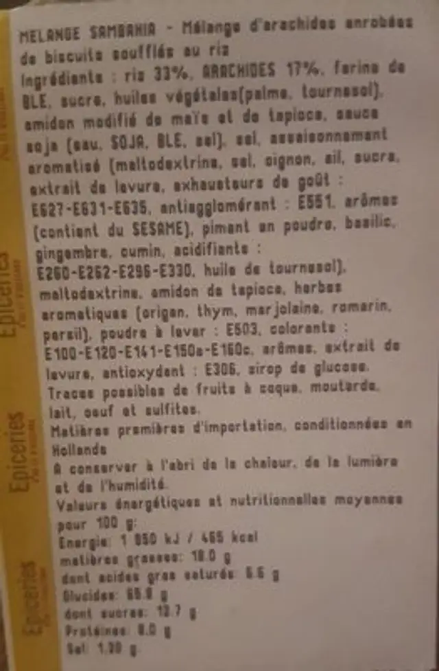 Melange sambahia ingredients label