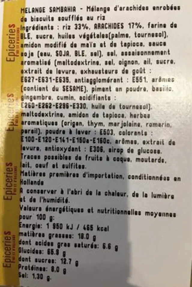 Melange sambahia ingredients label