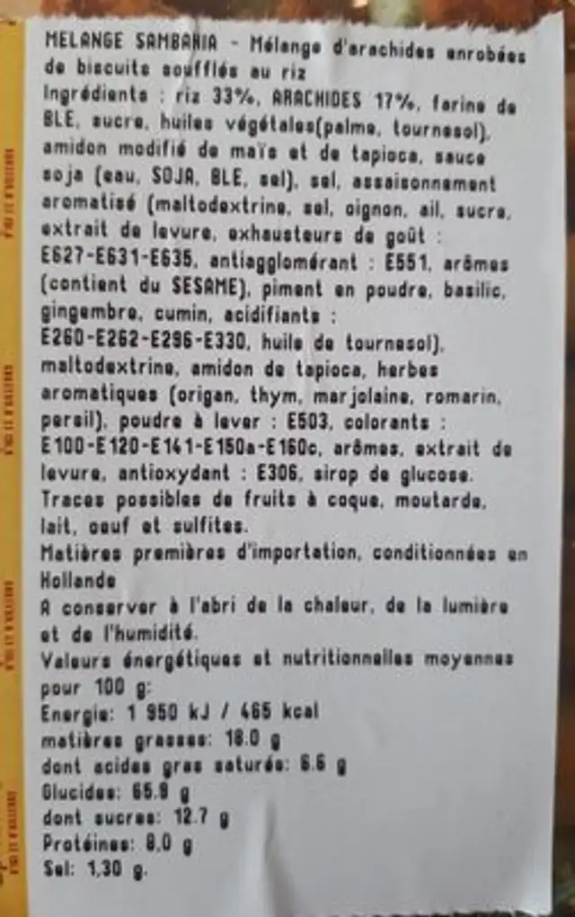 Mélange Sambahia ingredients label