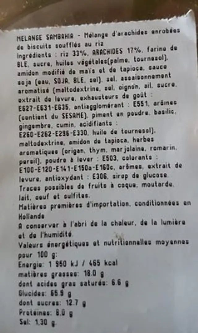 Mélange sambahia ingredients label