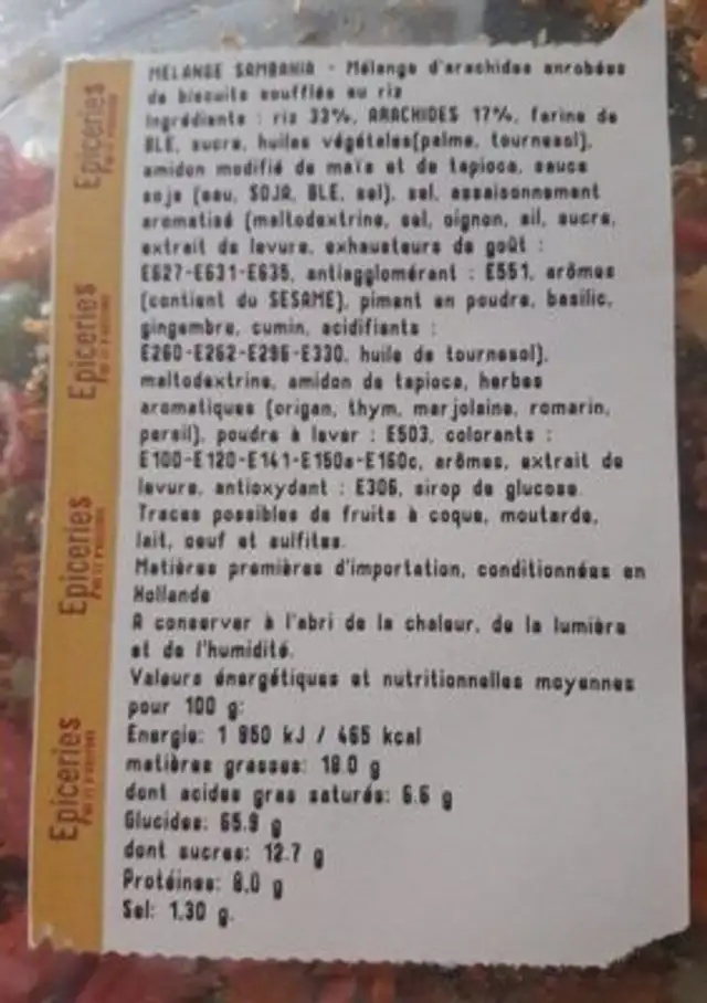 Mélange sambahia ingredients label