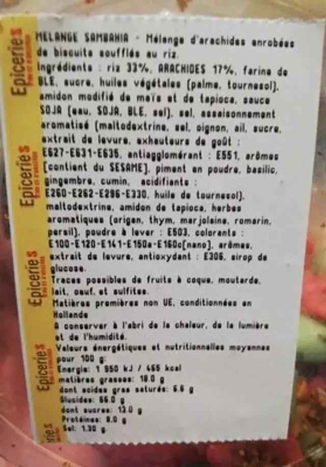 Mélange sambahia nutrition facts table