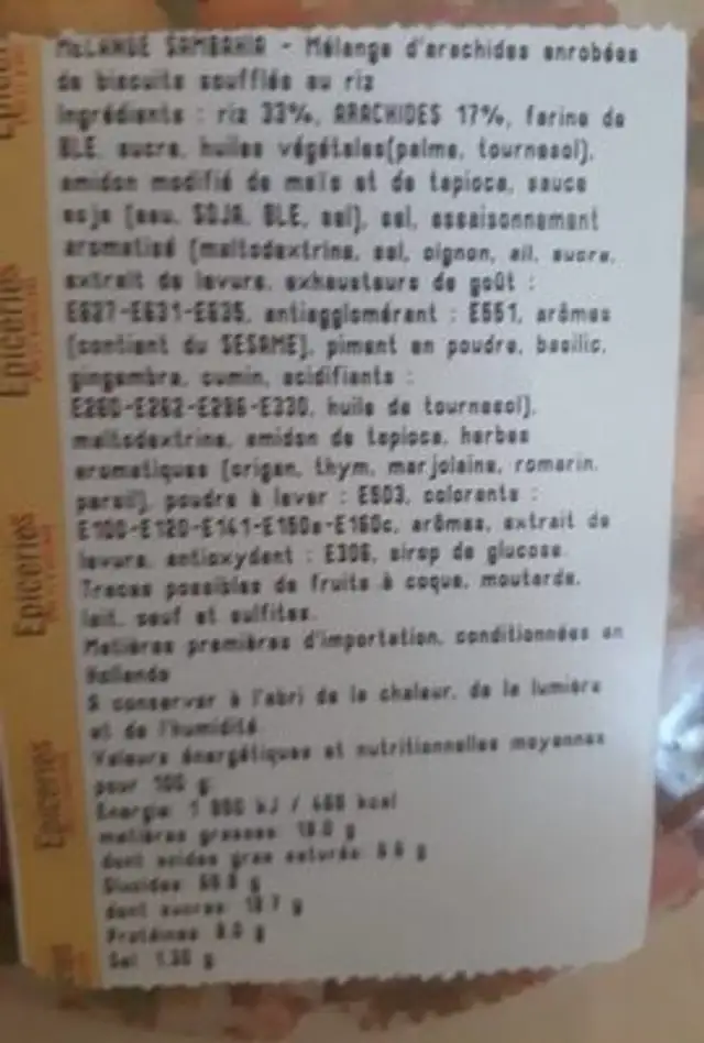 Mélange Sambahia ingredients label