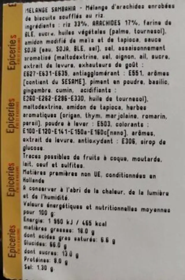 Melange Sambahia nutrition facts table