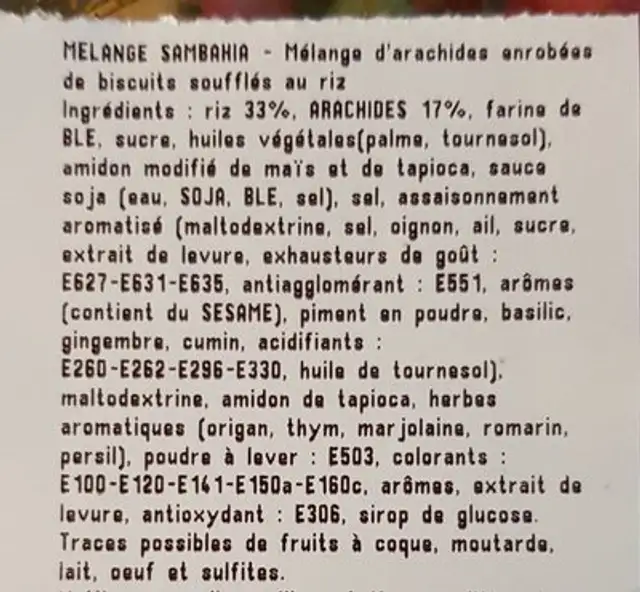 Melange Sambahia ingredients label