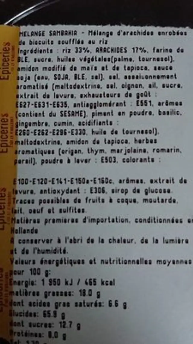 Mélange sambahia ingredients label