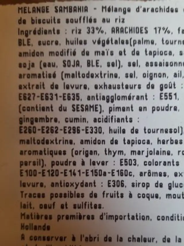 Melange Sambahia ingredients label