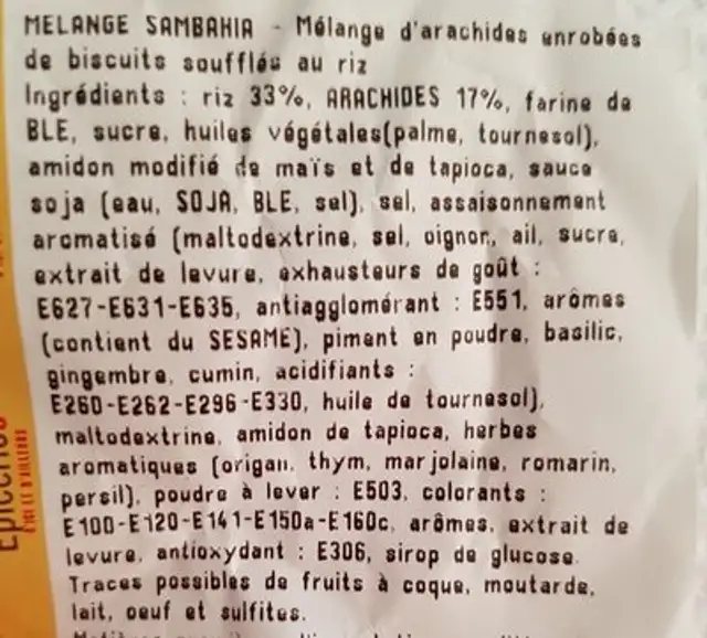 Mélange Sambahia ingredients label