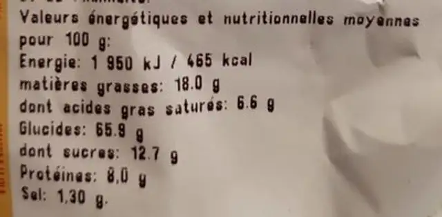Mélange Sambahia nutrition facts table