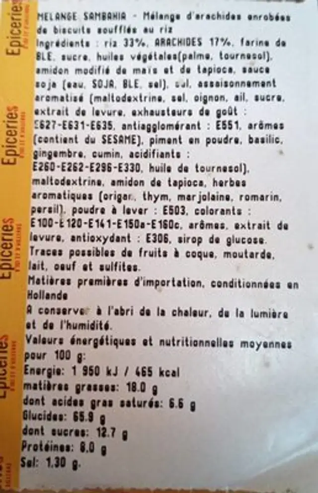 Mélange Sambahia nutrition facts table